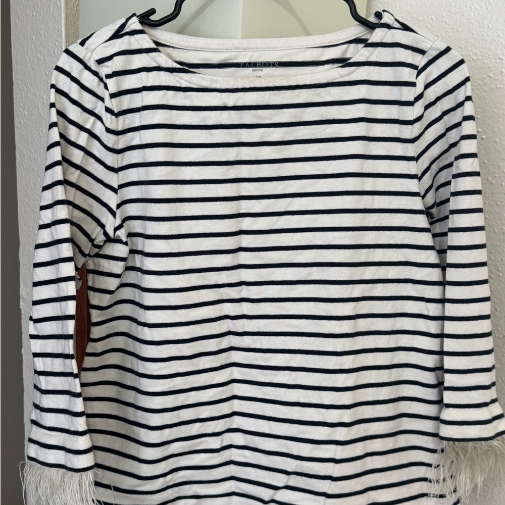 Talbots White and Navy Striped Long Sleeve Top with Feather Trim